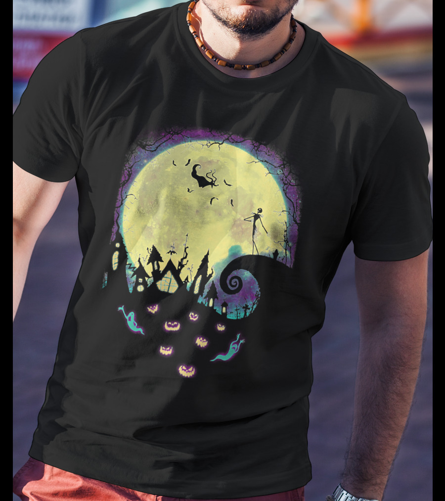 Jack Zero Moonlit Halloween Scene With Ghostly Pumpkins T-Shirt