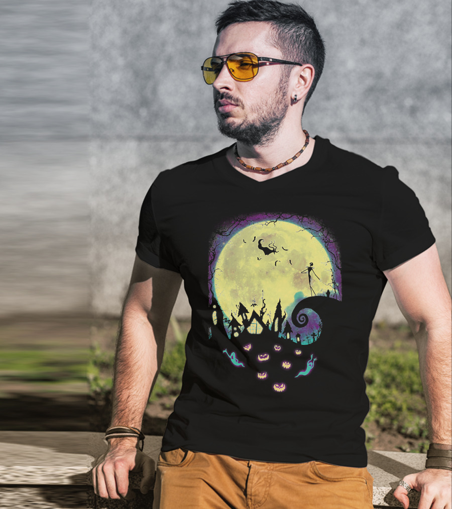 Jack Zero Moonlit Halloween Scene With Ghostly Pumpkins T-Shirt