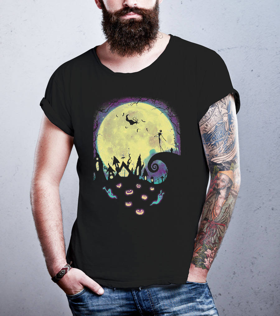 Jack Zero Moonlit Halloween Scene With Ghostly Pumpkins T-Shirt