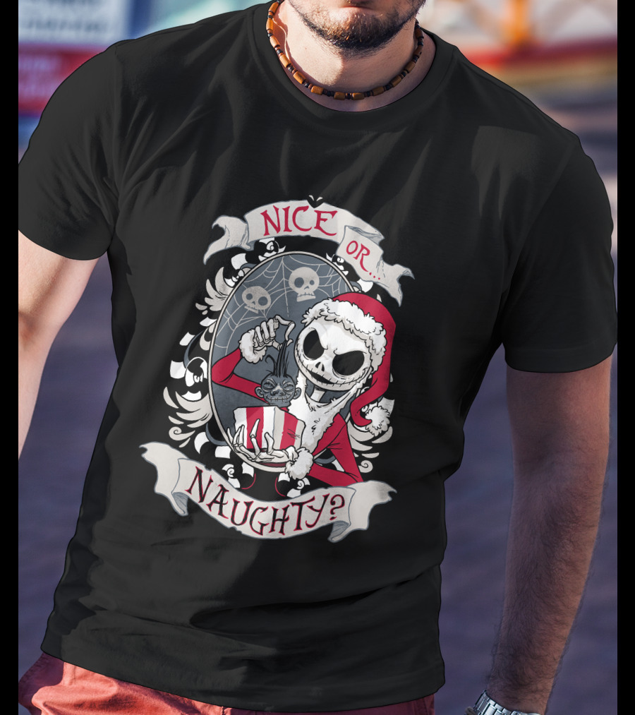 Nice Or Naughty Santa Skeleton With Skull Background T-Shirt