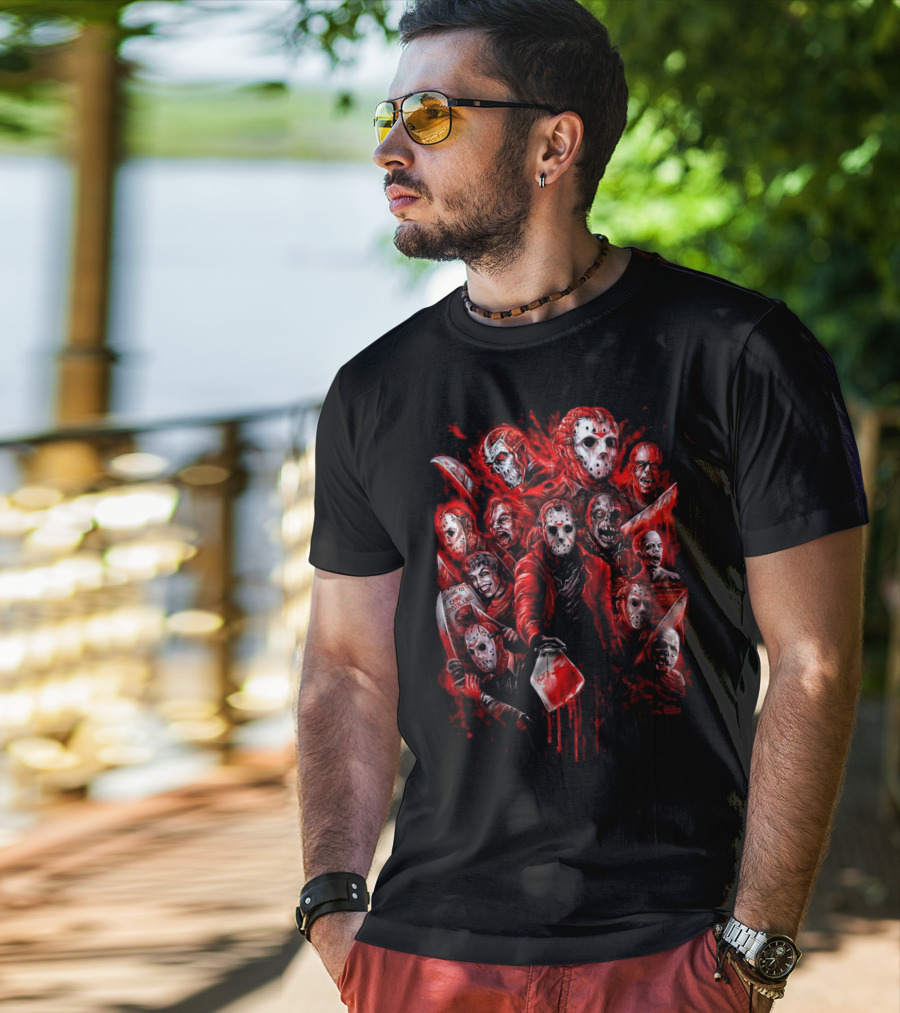 Jason Voorhees Blood Mask Horror Collage T-Shirt
