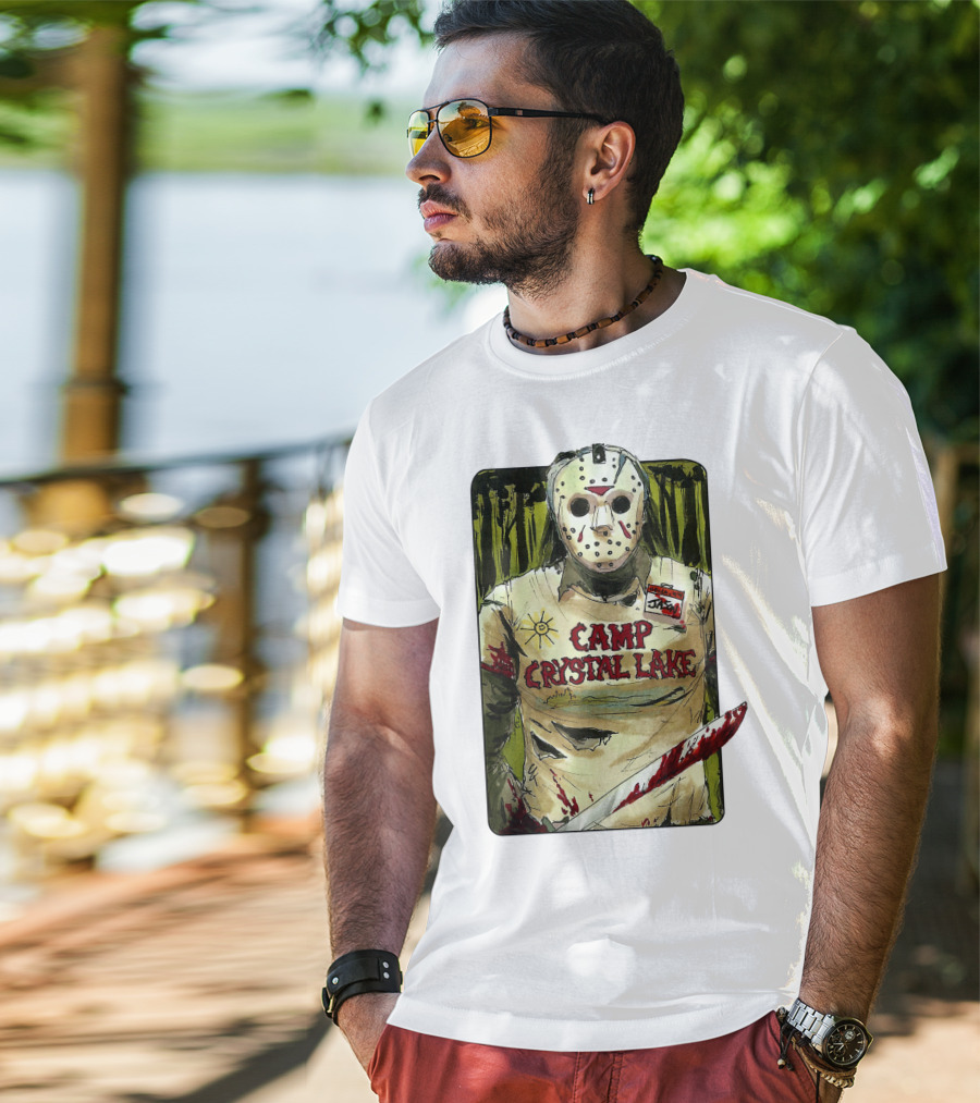 Jason Camp Crystal Lake Horror Mask Blood Stained Machete T-Shirt