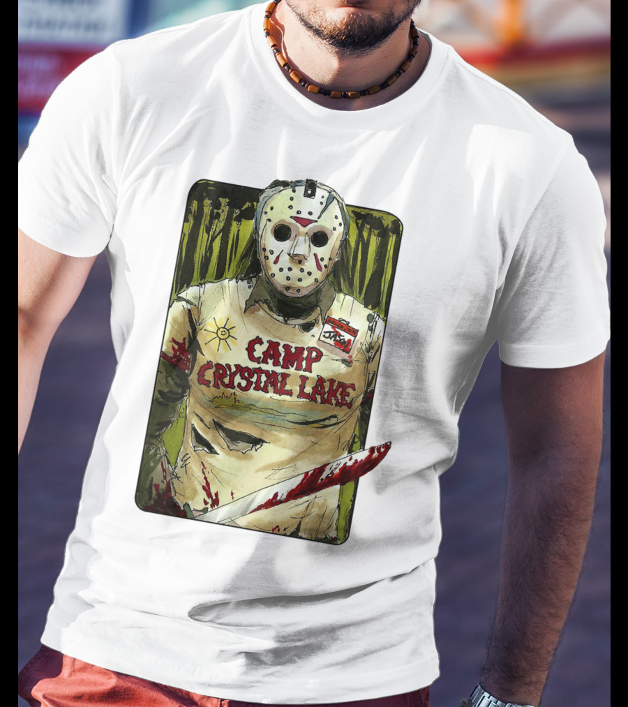 Jason Camp Crystal Lake Horror Mask Blood Stained Machete T-Shirt