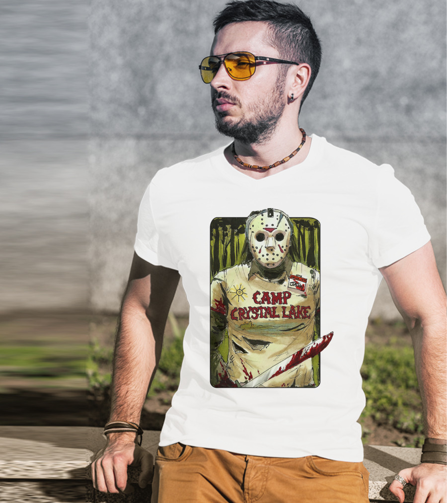Jason Camp Crystal Lake Horror Mask Blood Stained Machete T-Shirt