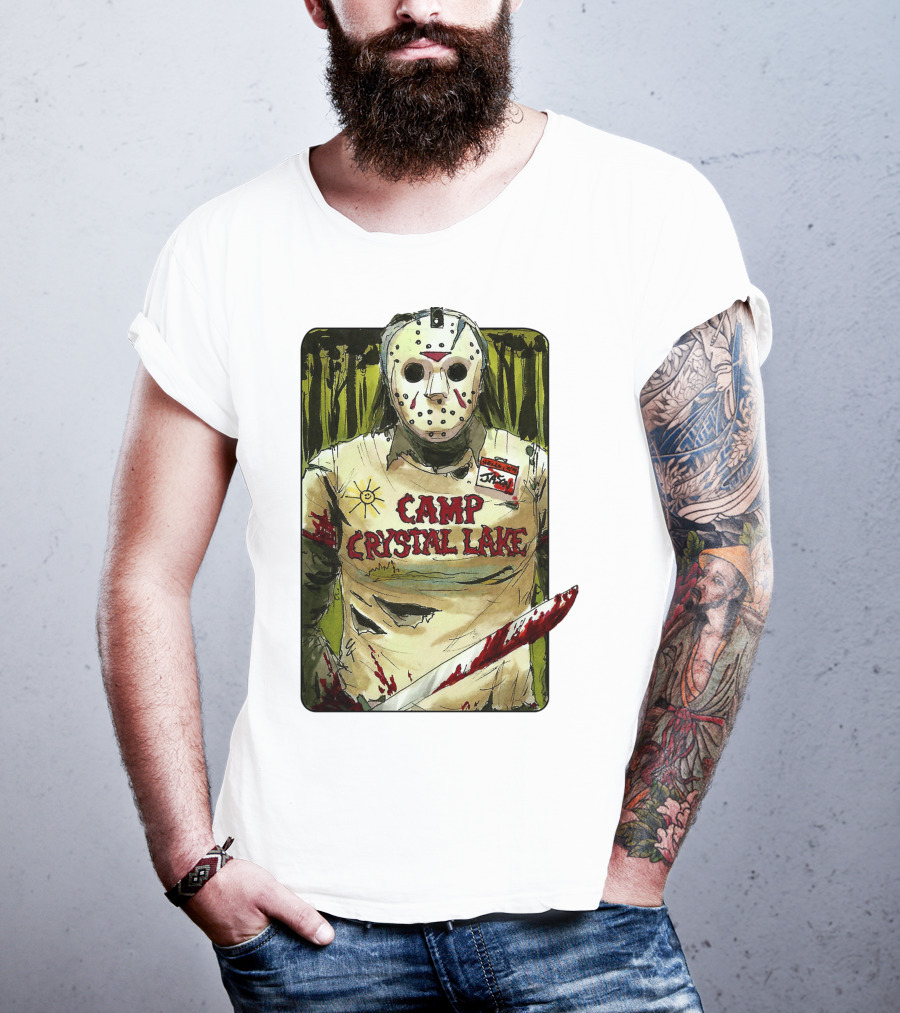 Jason Camp Crystal Lake Horror Mask Blood Stained Machete T-Shirt