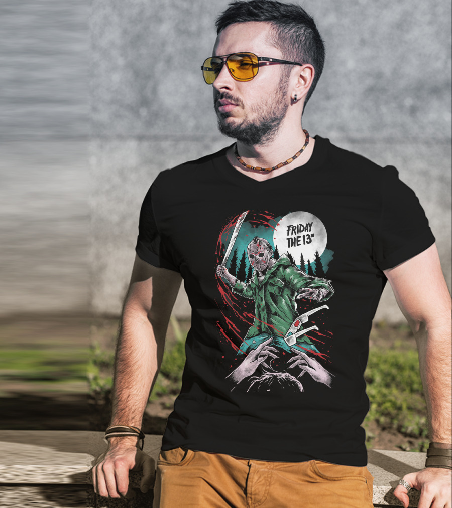 Friday The 13th Jason Vorhees Mask And Machete Horror Scene T-Shirt