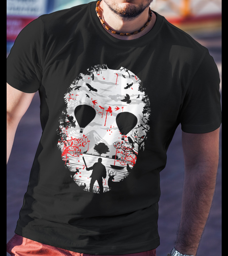 Jason Voorhees Camp Crystal Lake Mask Silhouette Counselor Scene T-Shirt