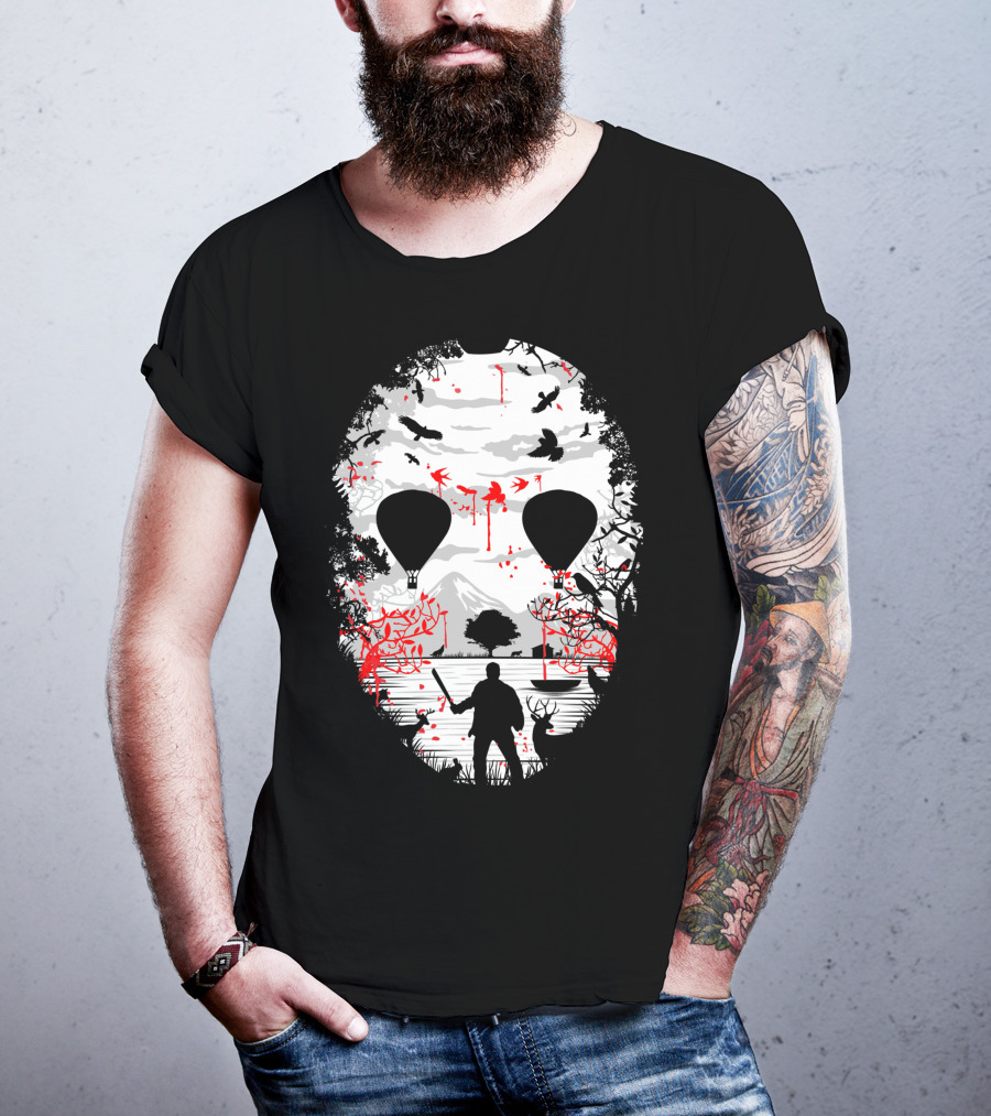 Jason Voorhees Camp Crystal Lake Mask Silhouette Counselor Scene T-Shirt