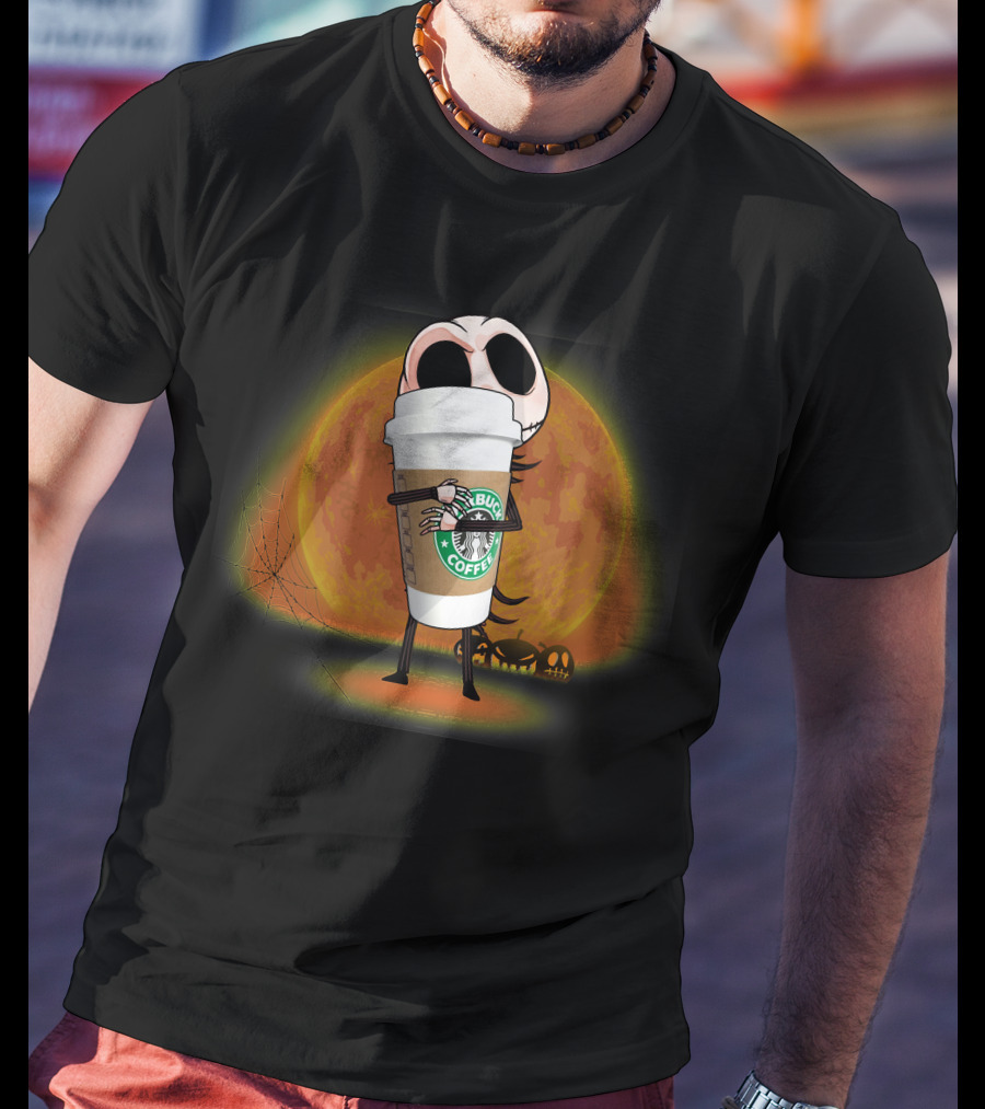 Jack Skellington Hugging Starbucks Coffee Halloween Moon Background T-Shirt