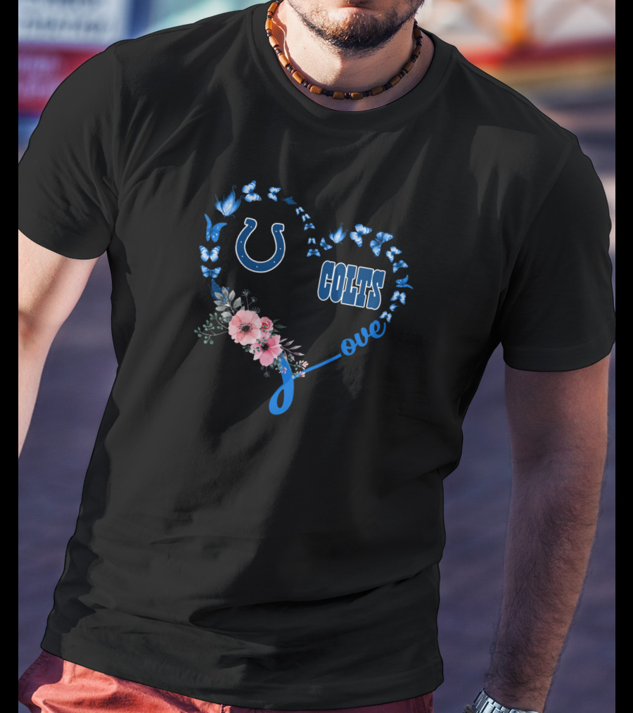 Indianapolis Colts Love Heart With Butterflies And Flowers T-Shirt