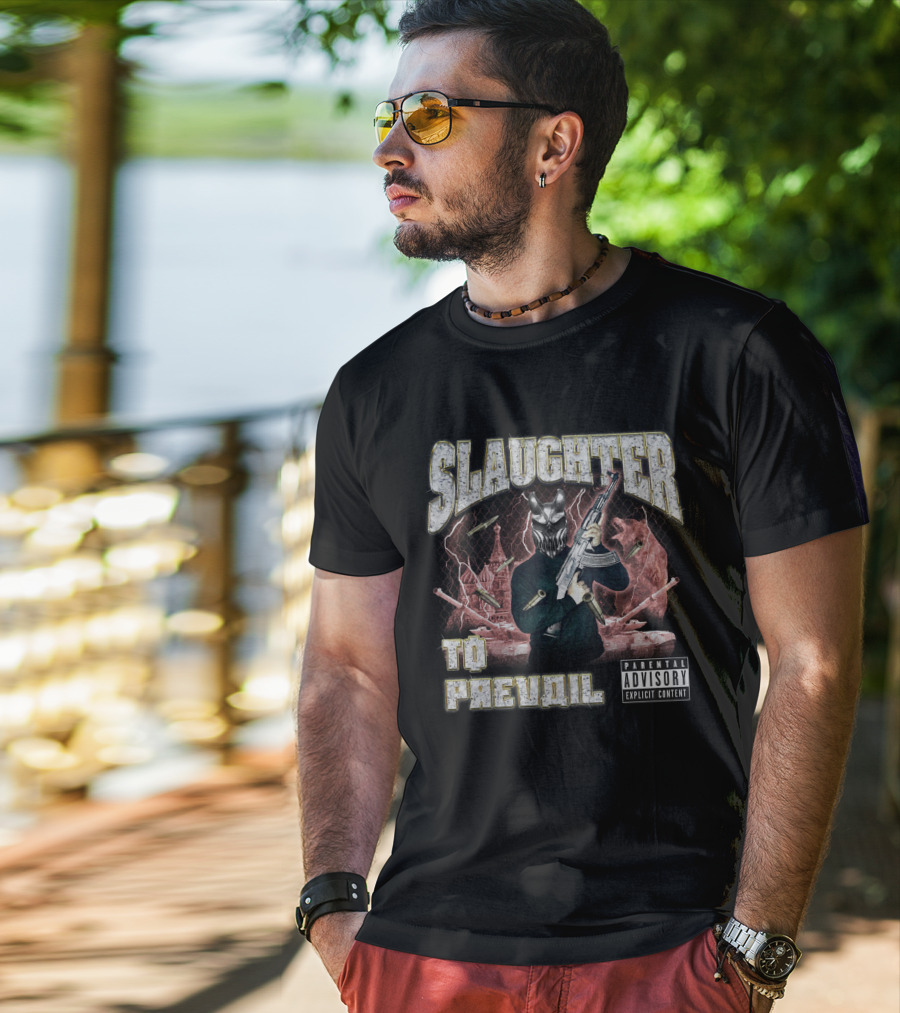 Slaughter To Prevail Explicit Content Masked Figure With Gun And Bullets T-Shirt