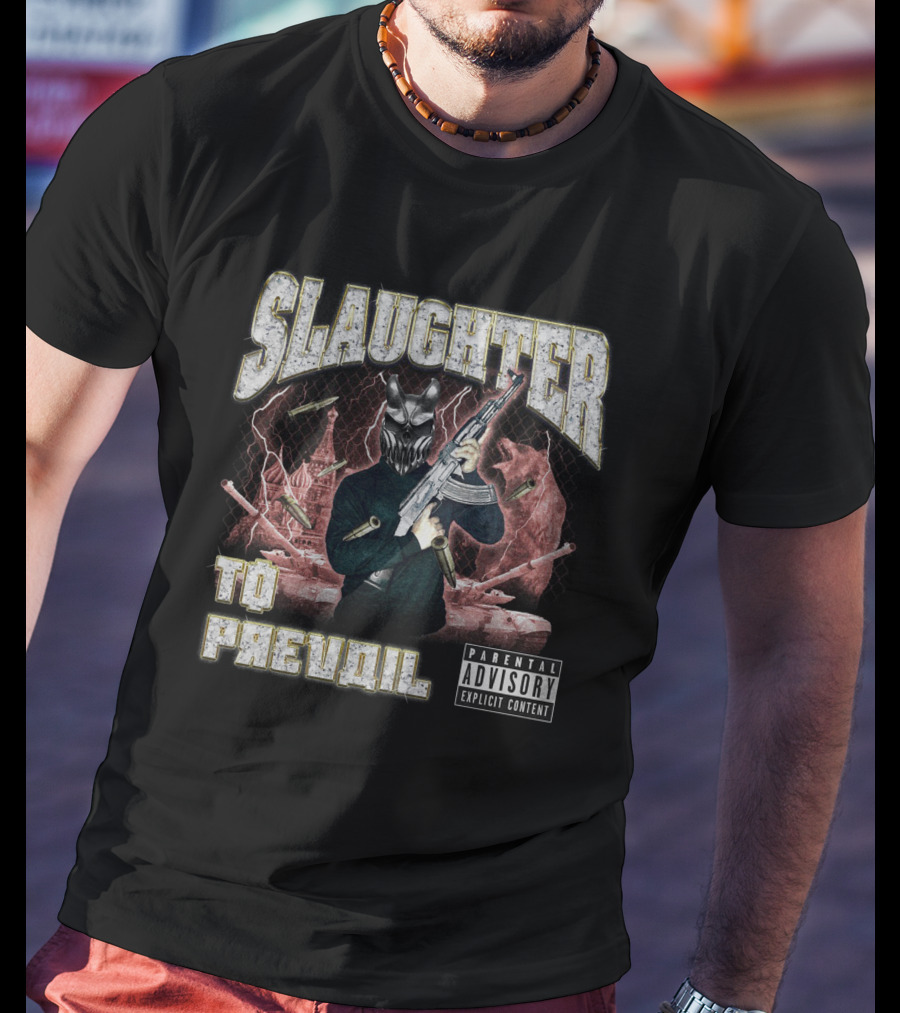 Slaughter To Prevail Explicit Content Masked Figure With Gun And Bullets T-Shirt