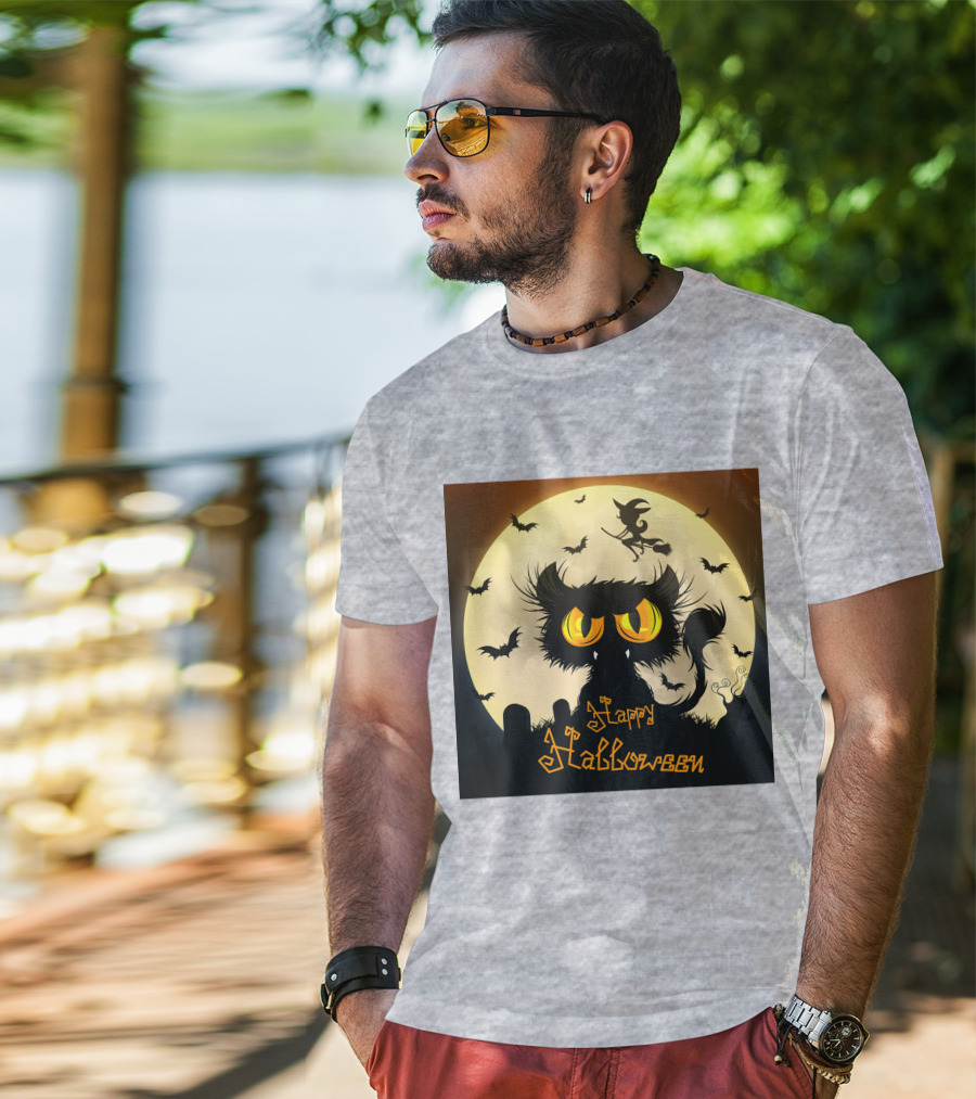 Starry Halloween Cat With Witch And Bats T-Shirt