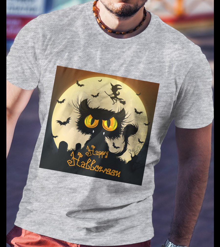 Starry Halloween Cat With Witch And Bats T-Shirt