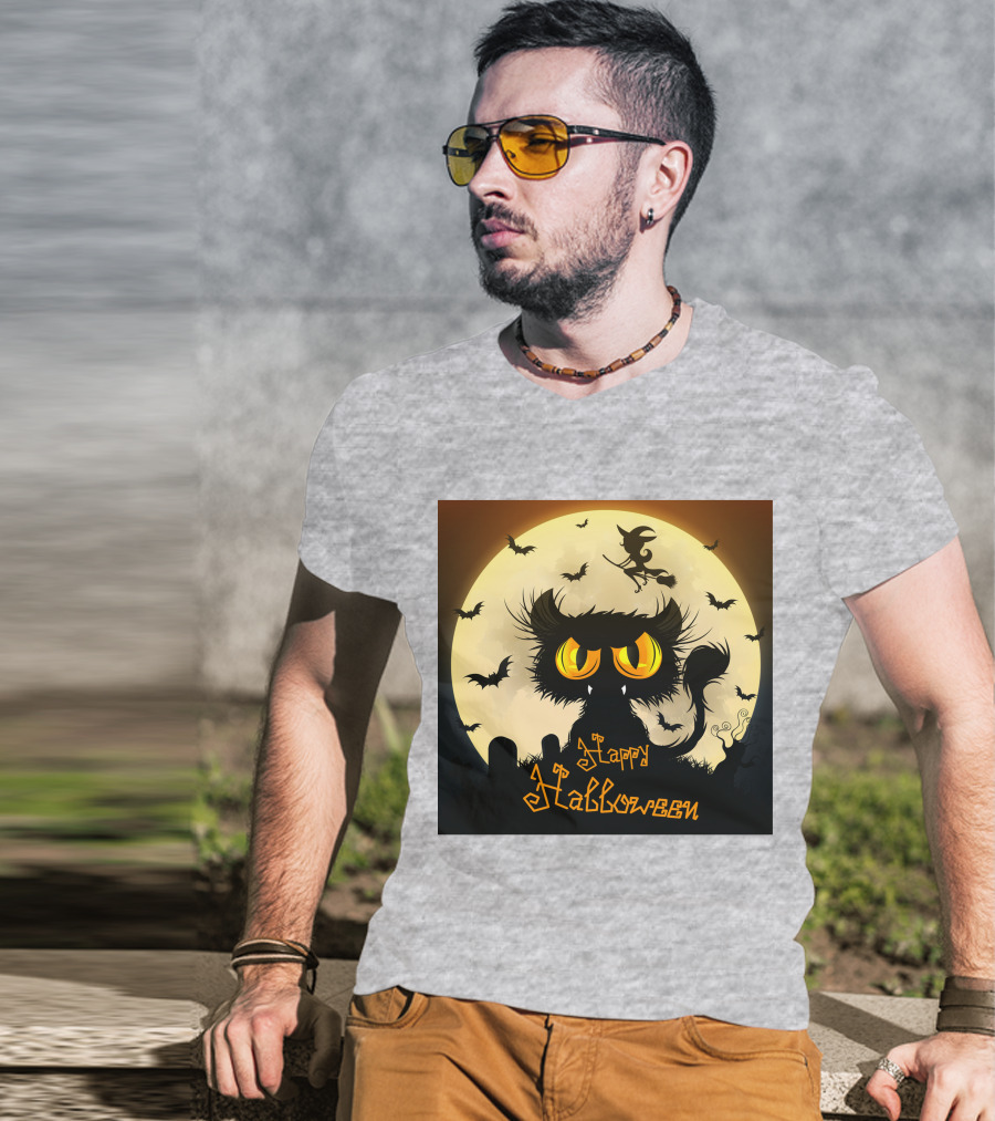 Starry Halloween Cat With Witch And Bats T-Shirt