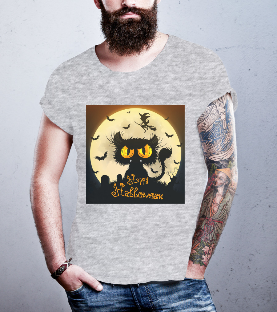 Starry Halloween Cat With Witch And Bats T-Shirt