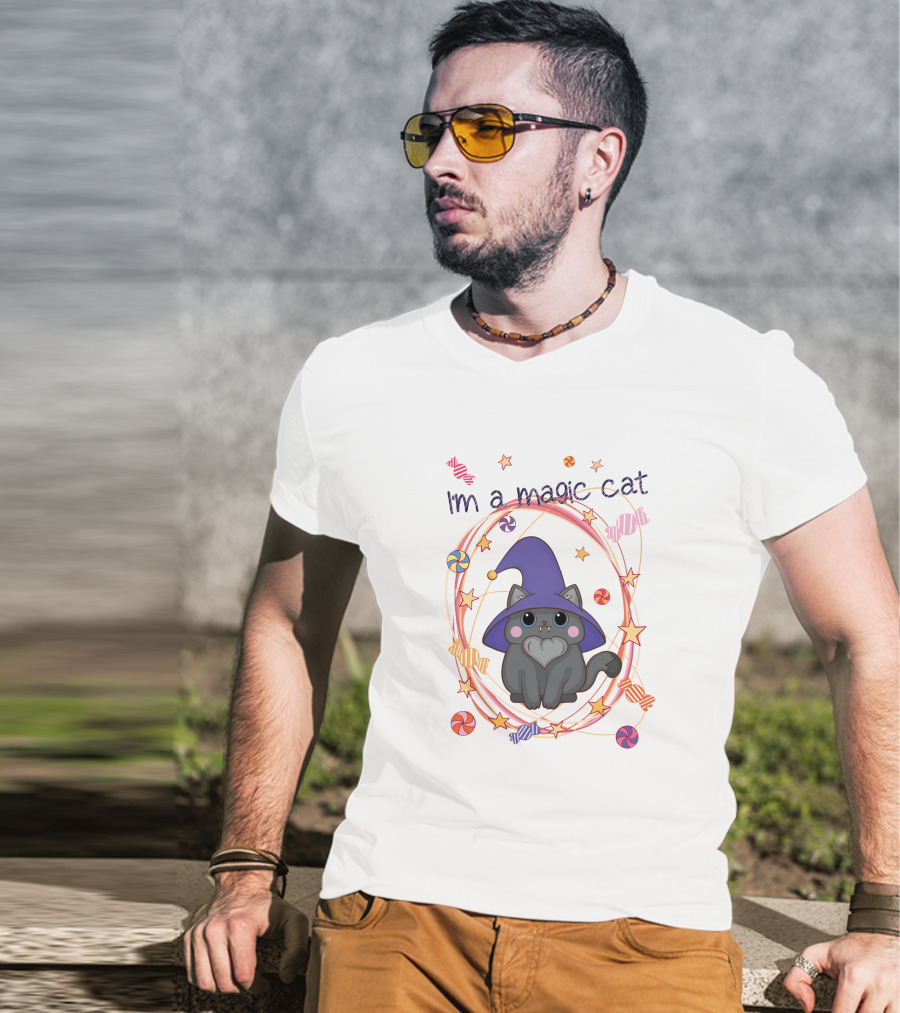 I'm A Magic Cat Wizard Hat Candy Stars T-Shirt