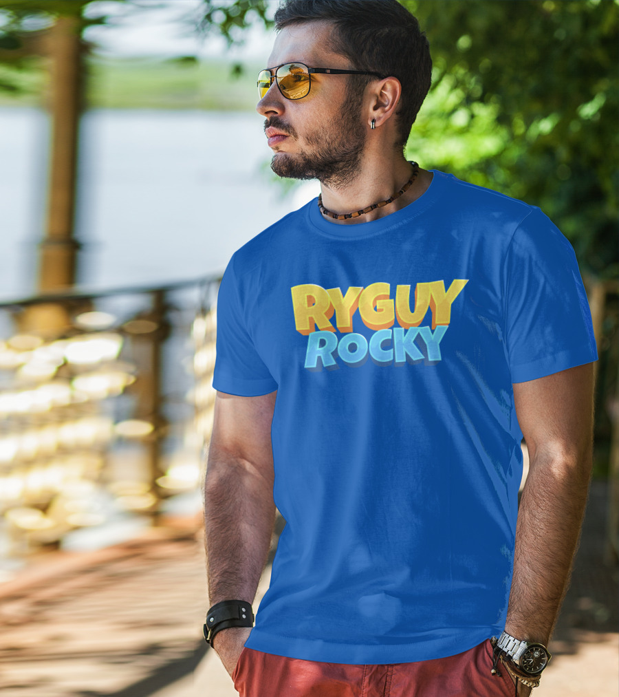 RYGUYROCKY Bold Text Logo Blue Background T-Shirt