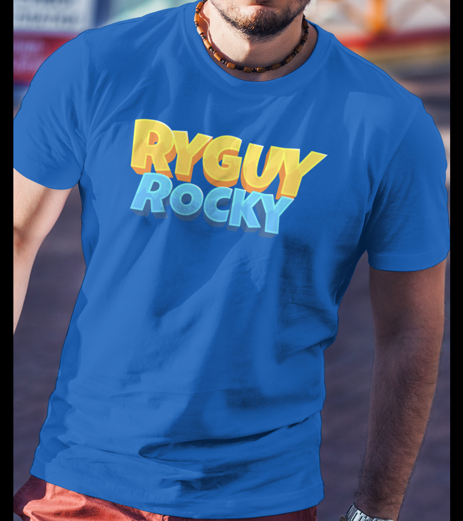 RYGUYROCKY Bold Text Logo Blue Background T-Shirt