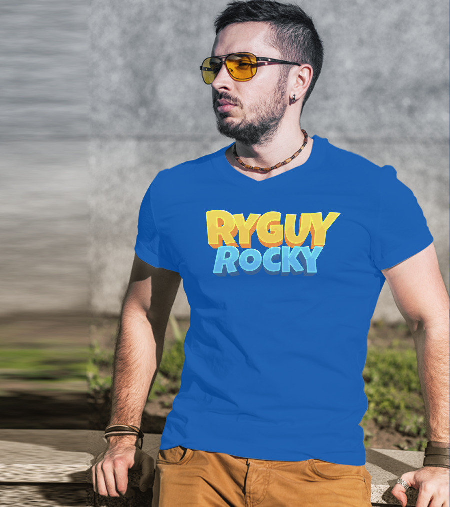 RYGUYROCKY Bold Text Logo Blue Background T-Shirt