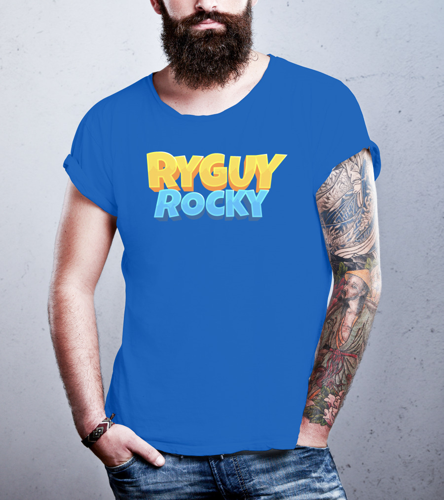 RYGUYROCKY Bold Text Logo Blue Background T-Shirt