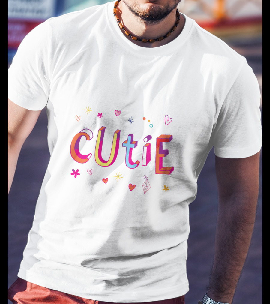 CUTIE Hearts And Stars Colorful Typography T-Shirt
