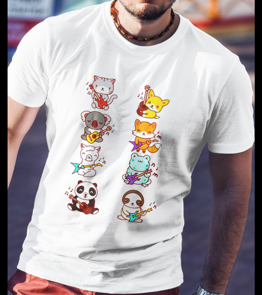 Cat Fox Koala Alpaca Frog Panda Animals Playing Acoustic Electric Guitars Kawaii T-Shirt