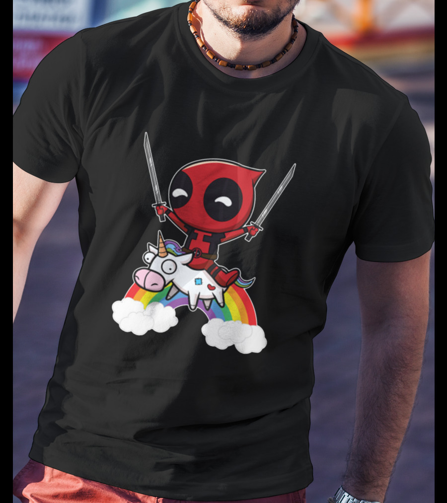 Chibi Deadpool Riding Epic Rainbow Unicorn With Dual Katanas T-Shirt