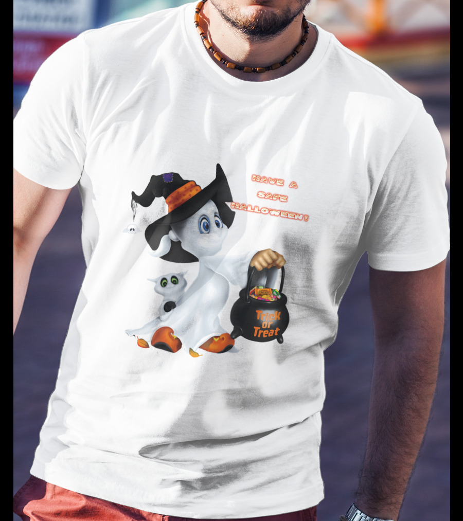 Have A Safe Halloween Trick Or Treat Party Ghost With A Witch Hat And Candy T-Shirt