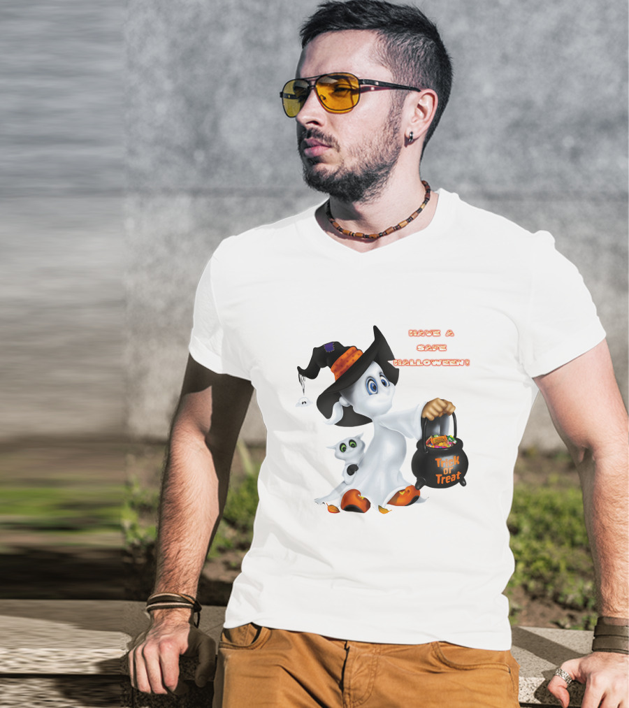 Have A Safe Halloween Trick Or Treat Party Ghost With A Witch Hat And Candy T-Shirt