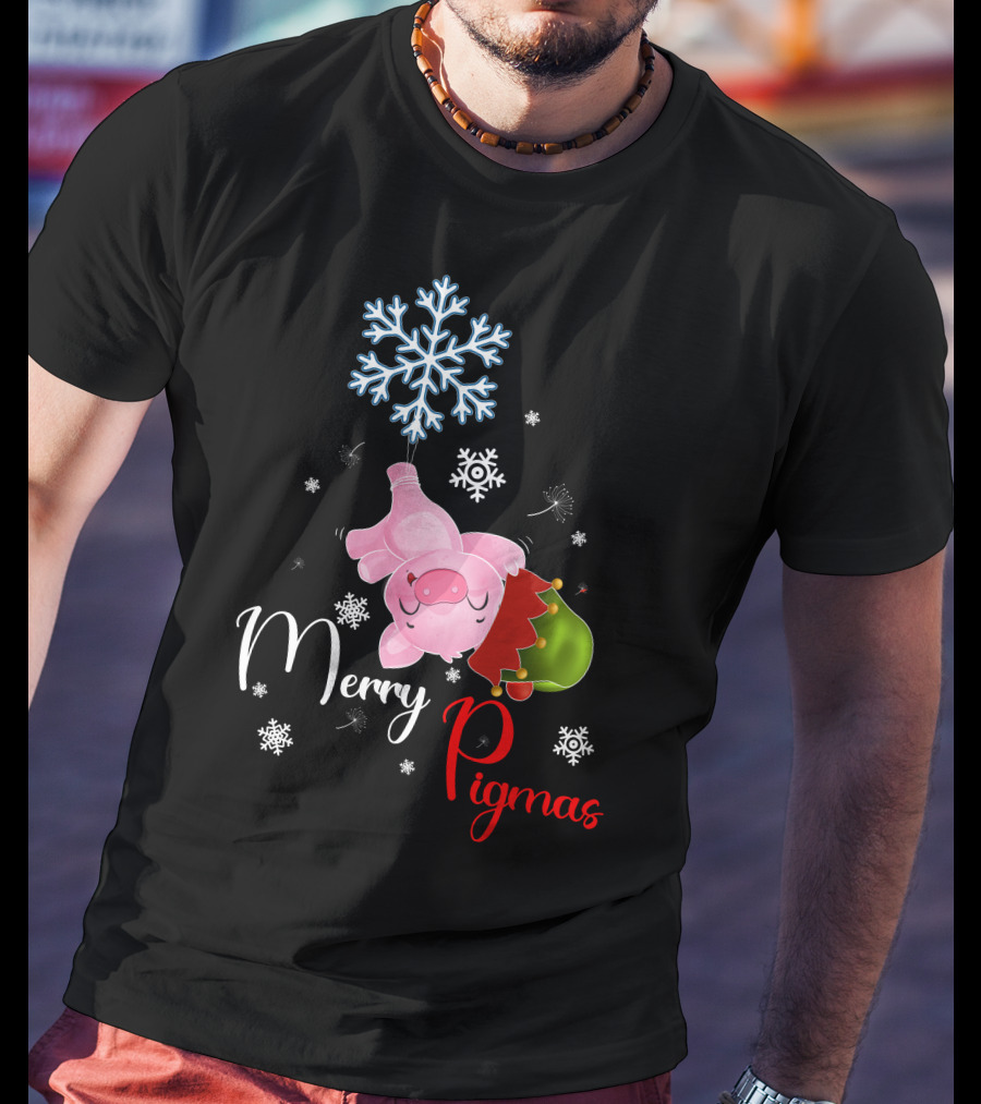 Merry Pigmas Pig Hanging From Snowflake With Santa Hat And Snowflakes T-Shirt