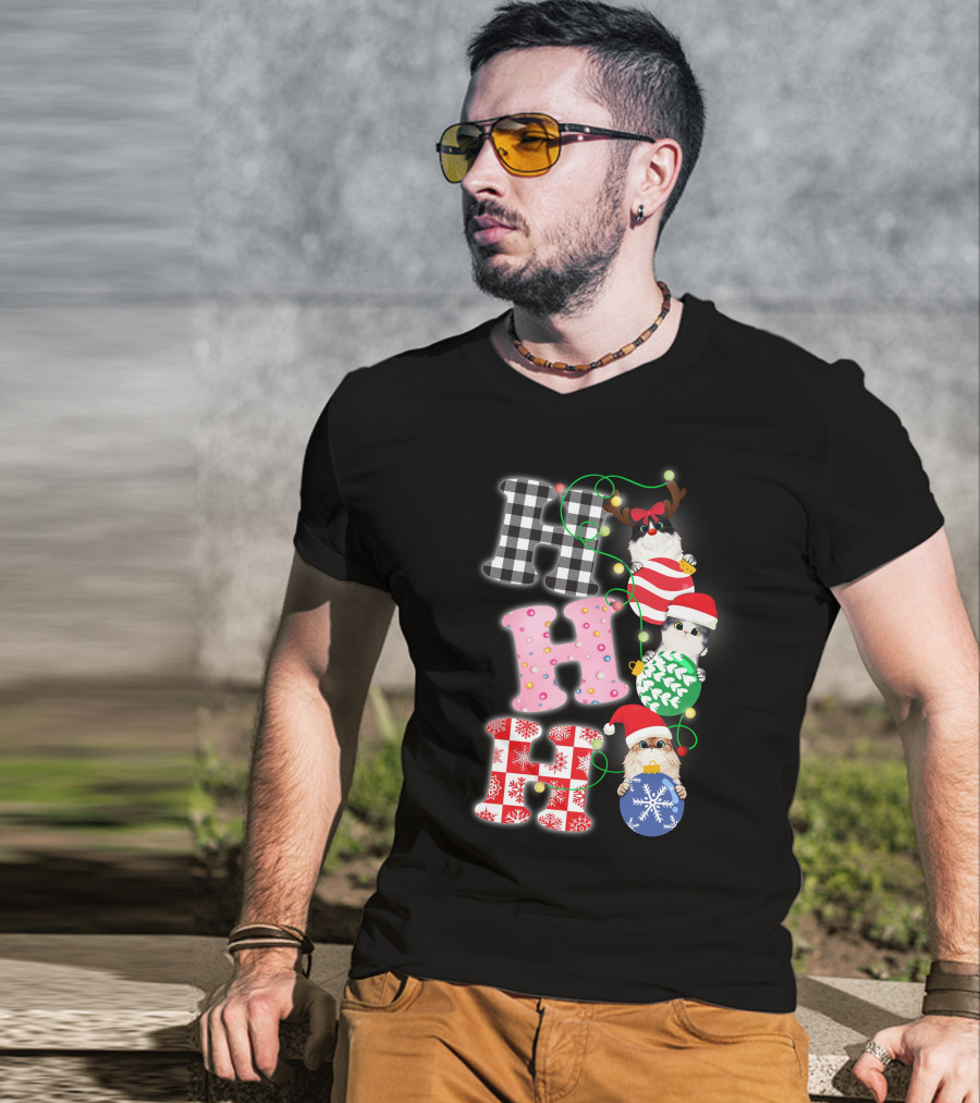 HO HO HO Christmas Cats In Holiday Hats And Ornaments T-Shirt