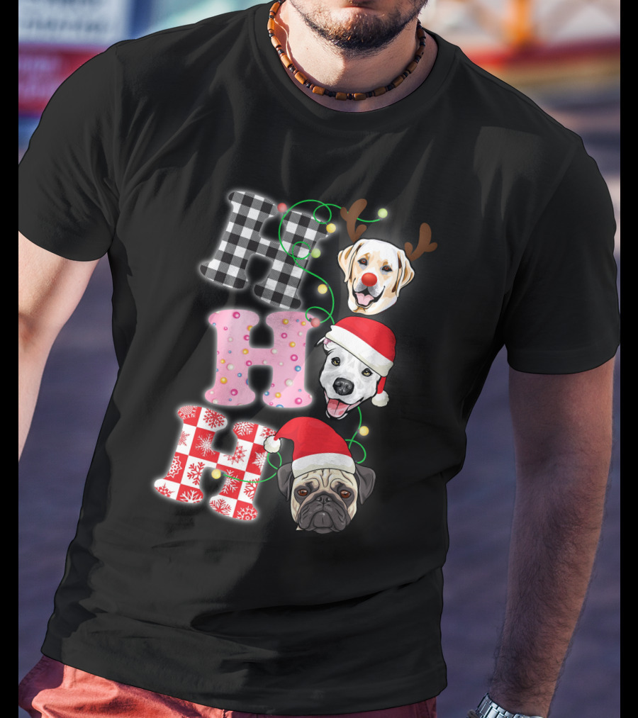 HO HO HO Christmas Dogs With Santa Hats And Reindeer Antlers T-Shirt