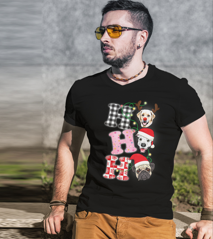 HO HO HO Christmas Dogs With Santa Hats And Reindeer Antlers T-Shirt