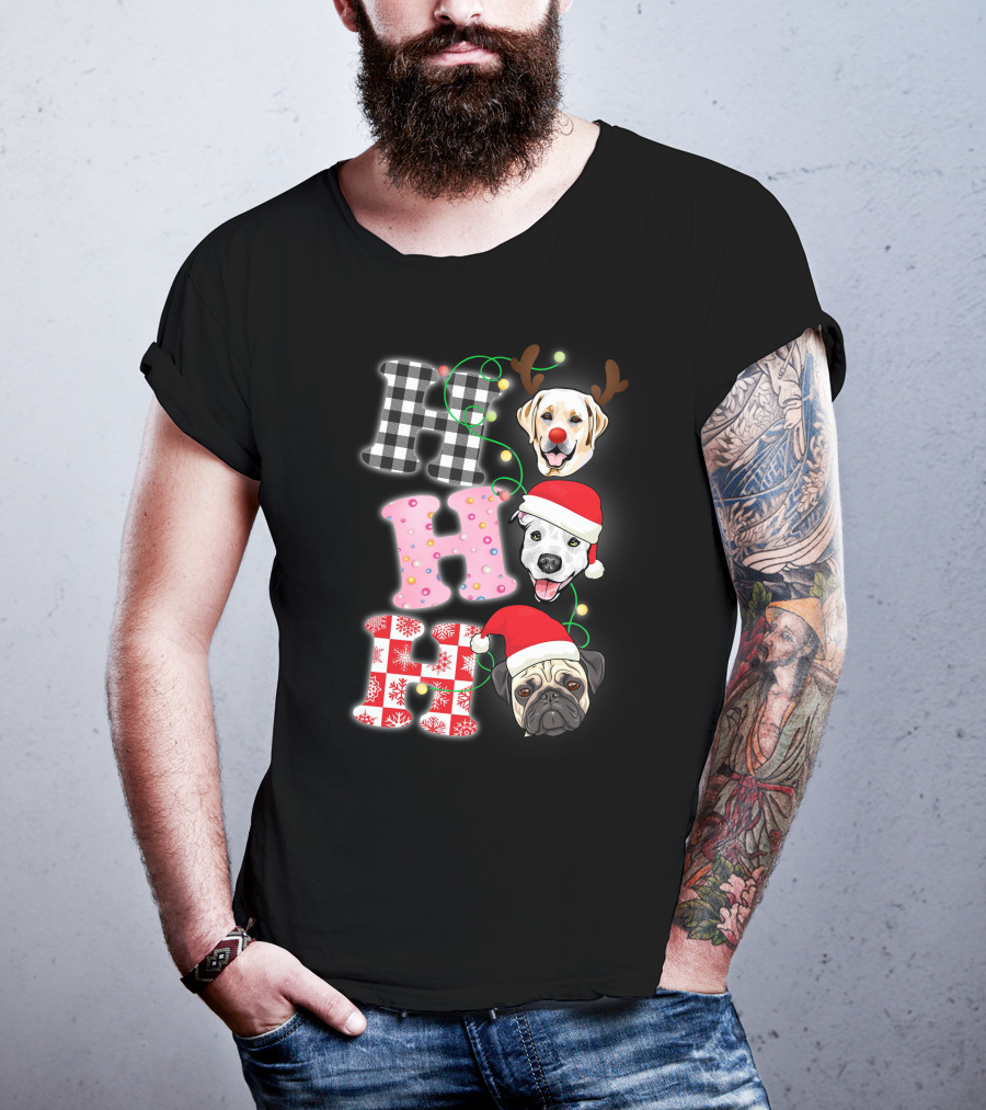 HO HO HO Christmas Dogs With Santa Hats And Reindeer Antlers T-Shirt