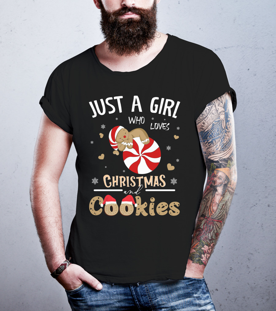 Just A Girl Who Loves Christmas And Cookies Peppermint Gingerbread Snowflakes Hearts T-Shirt