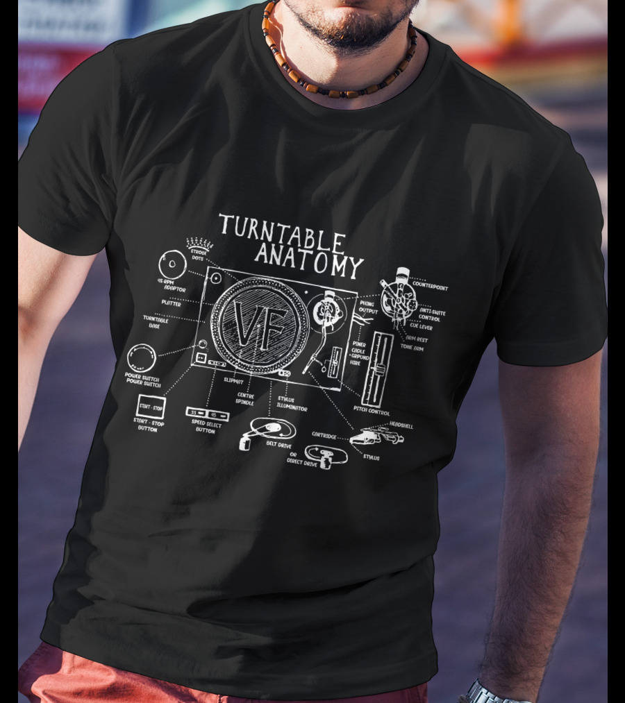 Turntable Anatomy Vinyl Records VF Blueprint Diagram T-Shirt