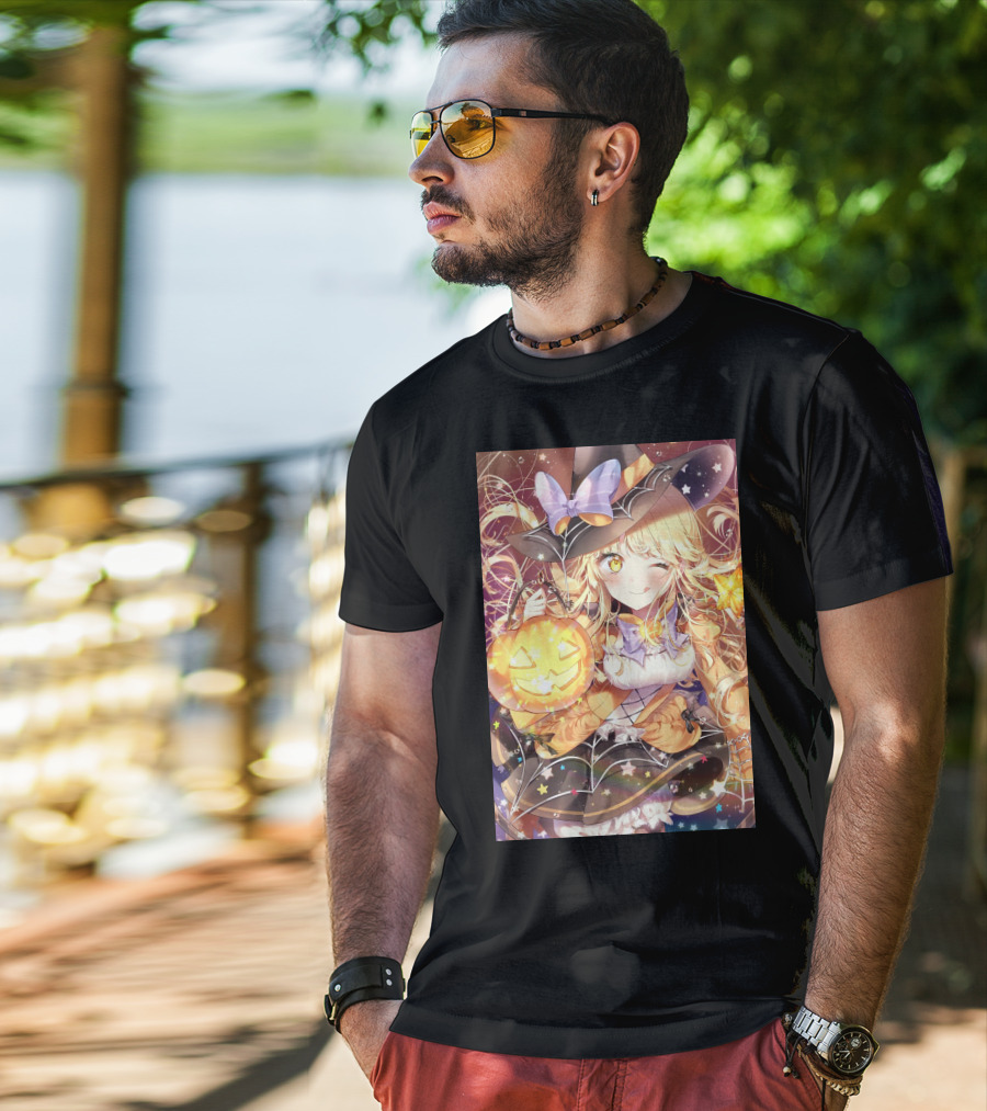 Anime Halloween Witch Girl With Pumpkin Lantern And Stars T-Shirt