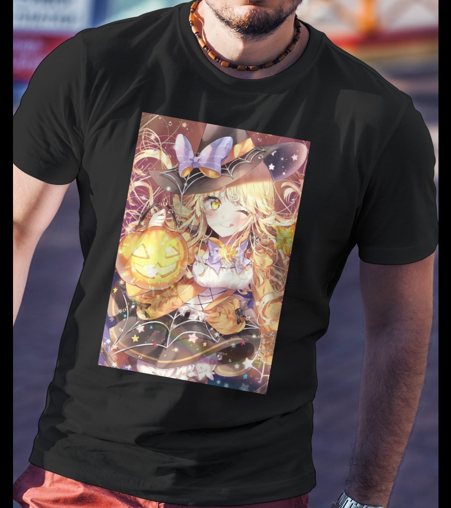 Anime Halloween Witch Girl With Pumpkin Lantern And Stars T-Shirt