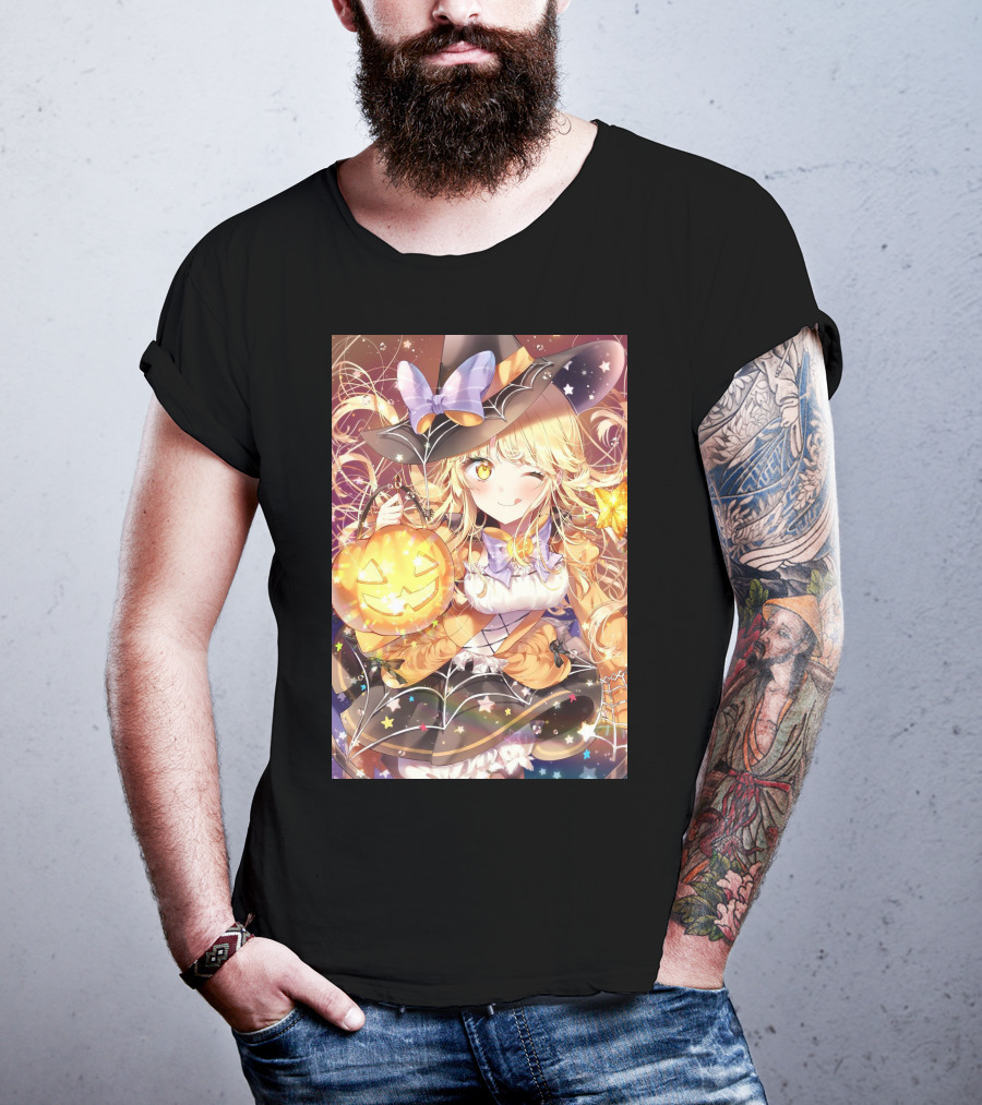 Anime Halloween Witch Girl With Pumpkin Lantern And Stars T-Shirt