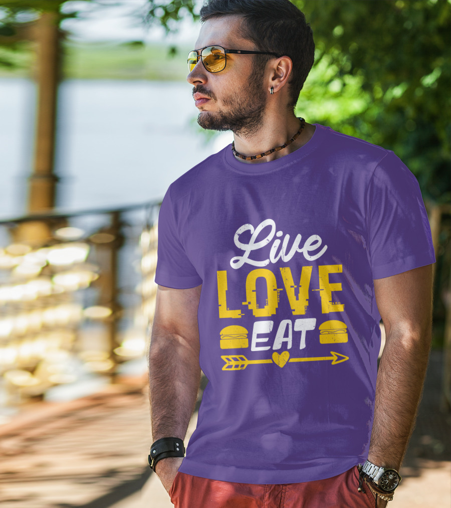 Live Love Eat With Burgers And Heart Arrow On Red T-Shirt