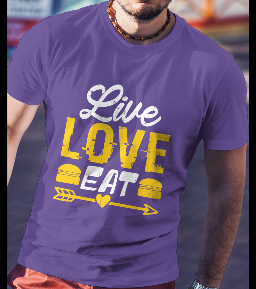 Live Love Eat With Burgers And Heart Arrow On Red T-Shirt