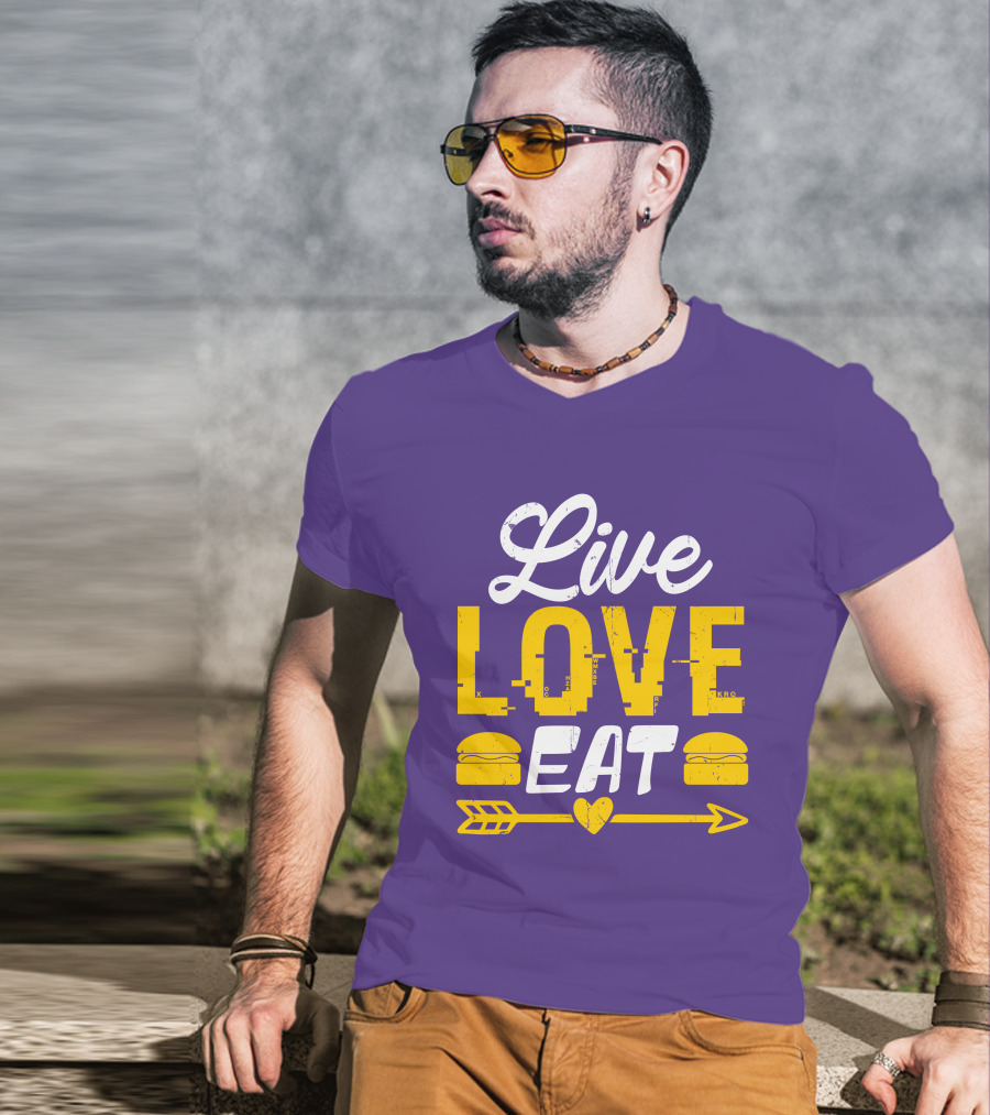 Live Love Eat With Burgers And Heart Arrow On Red T-Shirt