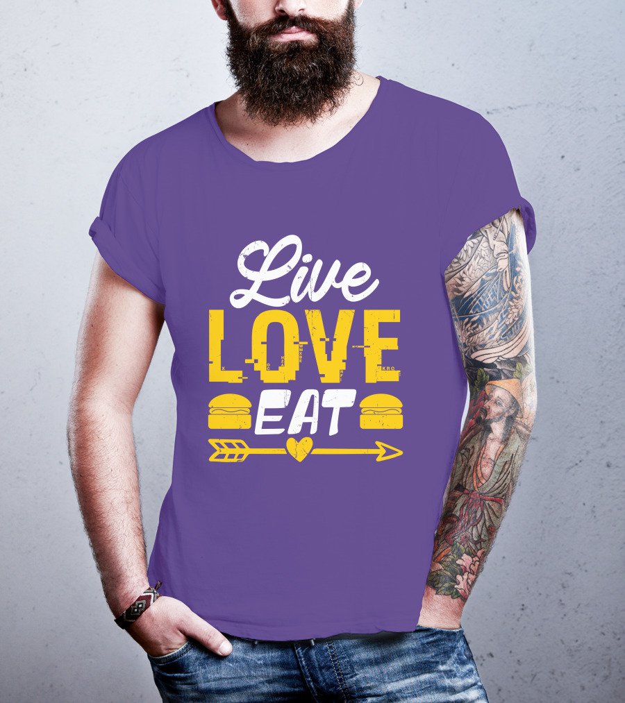 Live Love Eat With Burgers And Heart Arrow On Red T-Shirt
