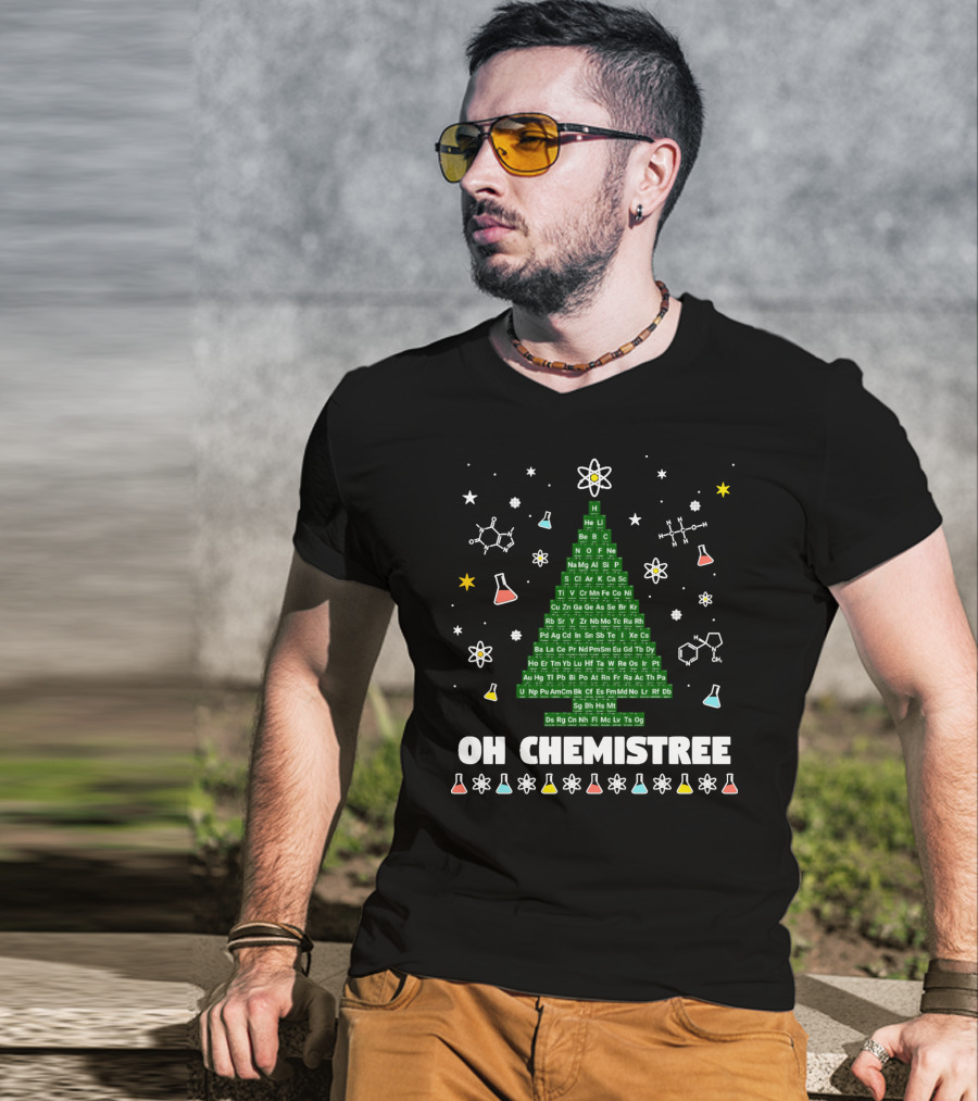 Oh Chemistree Periodic Table Christmas Tree With Beakers And Molecules T-Shirt