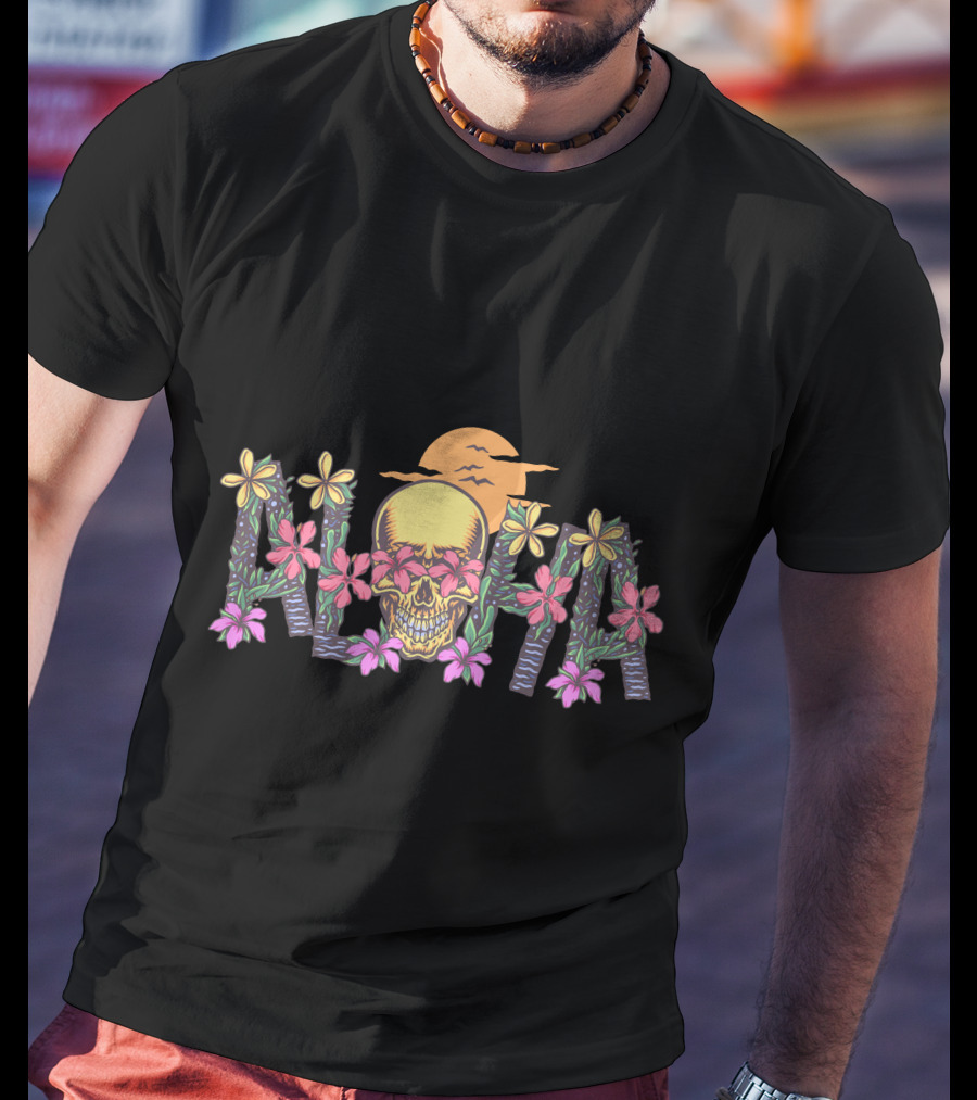 Aloha Skull Hawaii Floral Sunset T-Shirt