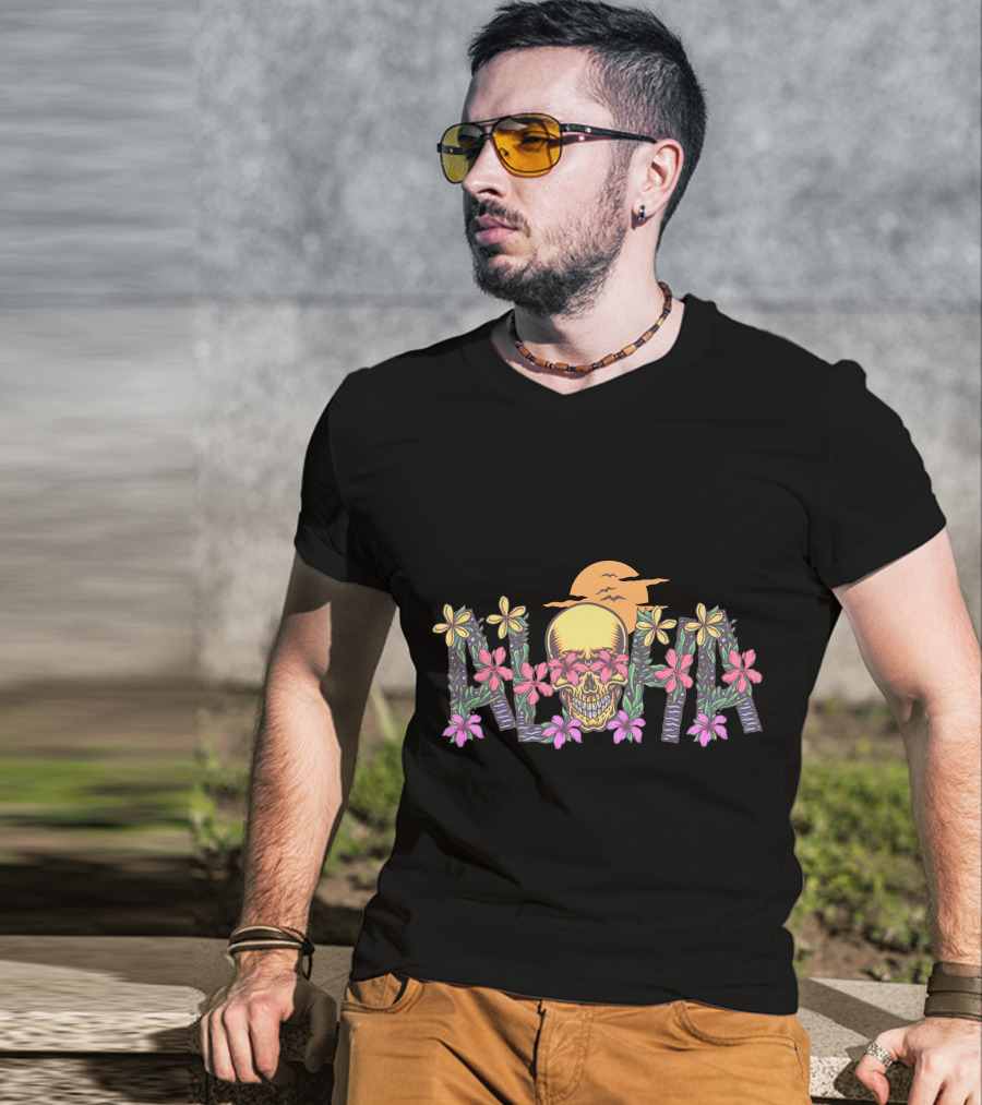 Aloha Skull Hawaii Floral Sunset T-Shirt