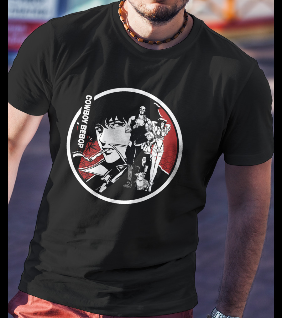 COWBOY BEBOP Spike Jet Faye Ed Ein Anime Group Black Red Circle T-Shirt