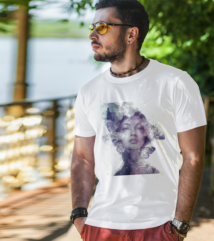 Butterfly And Girl Dreamy Watercolor Portrait With Stars T-Shirt