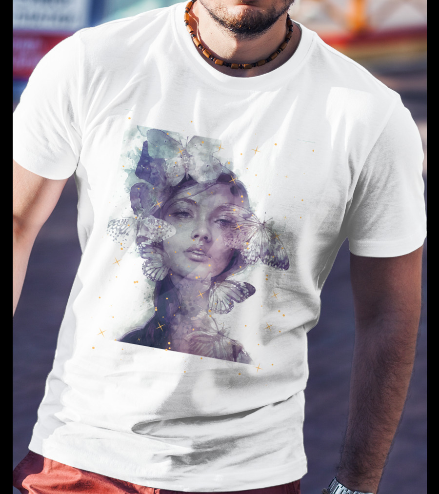 Butterfly And Girl Dreamy Watercolor Portrait With Stars T-Shirt